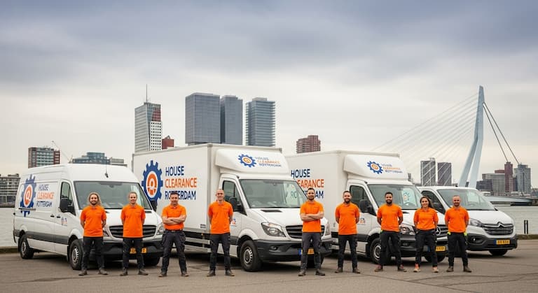 House Clearance Rotterdam professional team with branded fleet of clearance vehicles, Rotterdam Erasmus Bridge skyline background